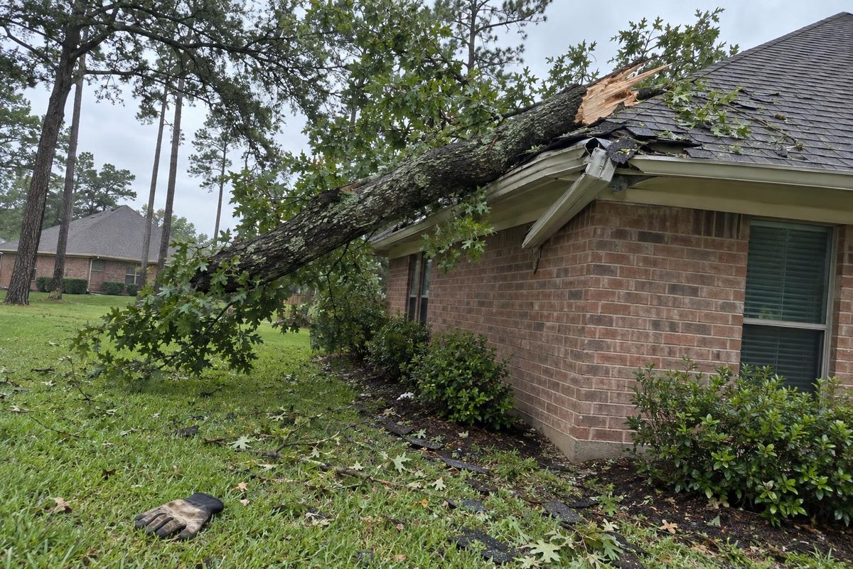 A split oak limb lying across the edge of a shingle roof above a brick wall, leaves still green