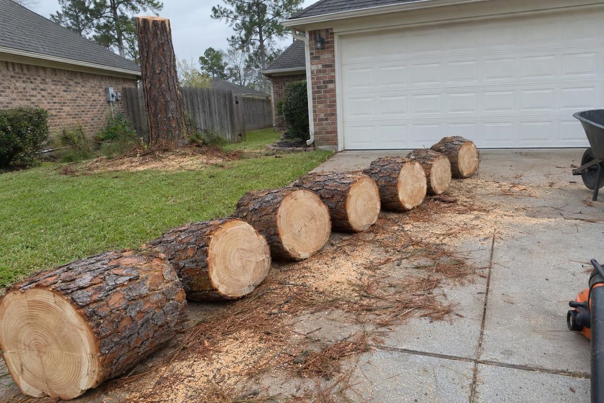 Sections of a pine trunk lined up on a concrete driveway, sawdust and pine needles on the slab