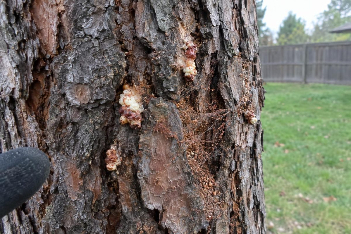 Close view of pine bark with small popcorn-like lumps of resin and reddish boring dust in the crevices