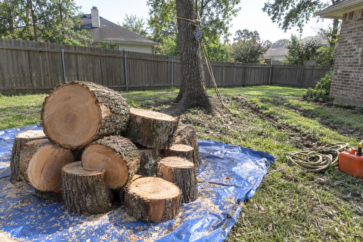 Freshly cut trunk rounds stacked on a blue tarp in a backyard, a rope and pulley still on the stem behind them